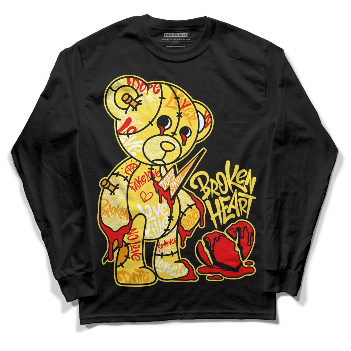 Jordan 11 Low 'Yellow Snakeskin' DopeSkill Long Sleeve T-Shirt Broken Heart Graphic Streetwear - Black