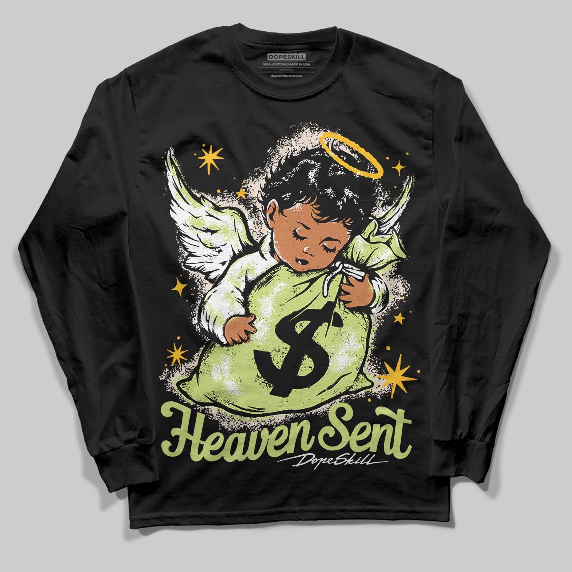 Jordan 5 “Luminous Green” DopeSkill Long Sleeve T-Shirt Heaven Sent Graphic Streetwear - Black