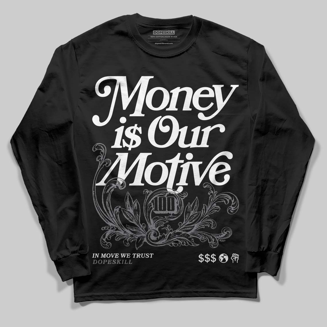 Jordan 9 Retro 'Flint Grey' 2026 DopeSkill Long Sleeve T-Shirt Money Is Our Motive Typo Graphic Streetwear - Black