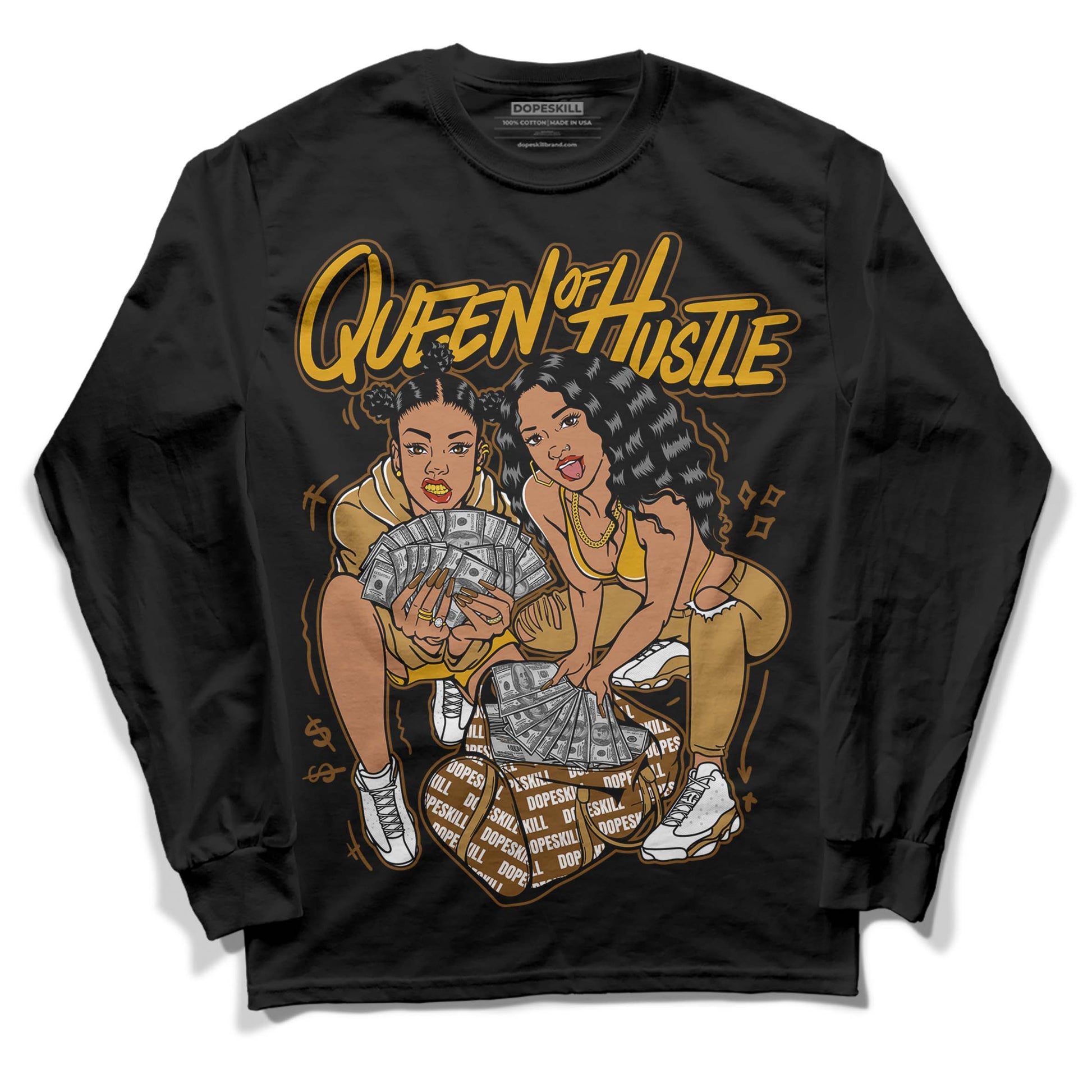 Jordan 13 Wheat 2023 DopeSkill Long Sleeve T-Shirt Queen Of Hustle Graphic Streetwear - Black