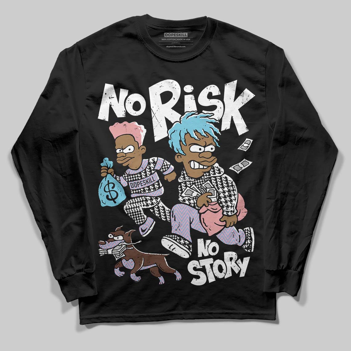 Harris Tweed x Dunk Low Denim Turquoise and Baroque Brown DopeSkill Long Sleeve T-Shirt No Risk No Story Graphic Streetwear - Black