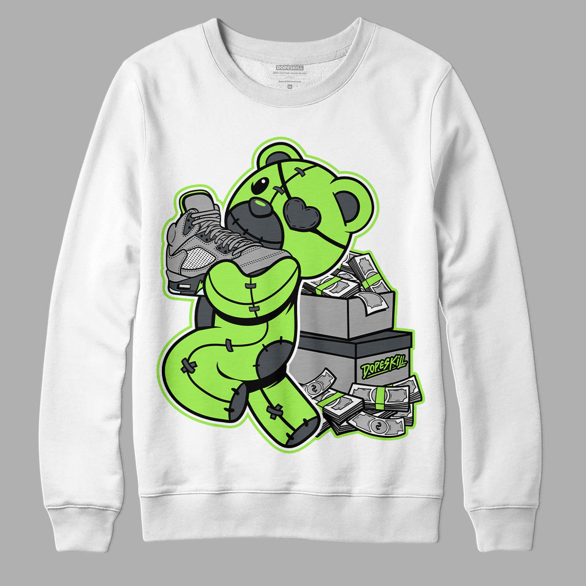 Jordan 5 Green Bean DopeSkill Sweatshirt Bear Steals Sneaker Graphic Streetwear - White 