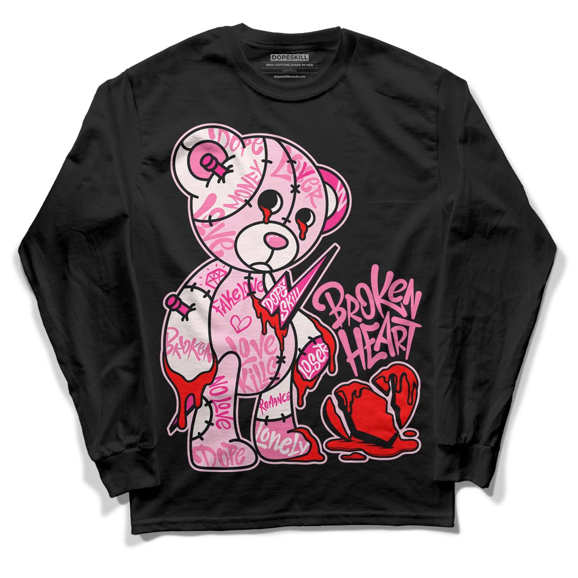 Dunk Low LX Pink Foam DopeSkill Long Sleeve T-Shirt Broken Heart Graphic Streetwear - Black