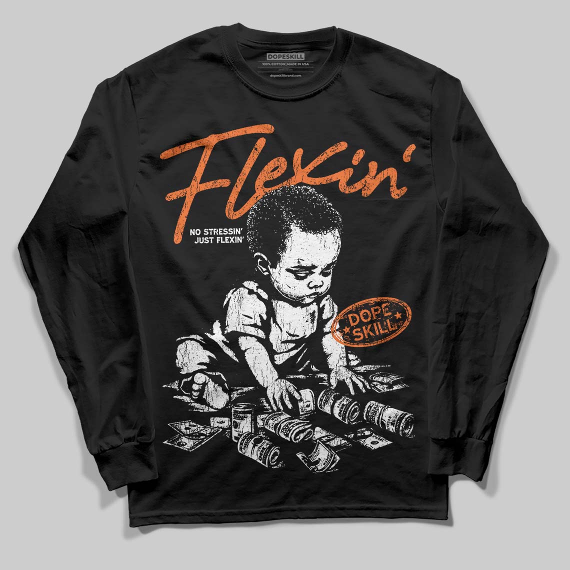 Orange, Black and White Sneakers DopeSkill Long Sleeve T-Shirt Flexin' Graphic Streetwear - Black