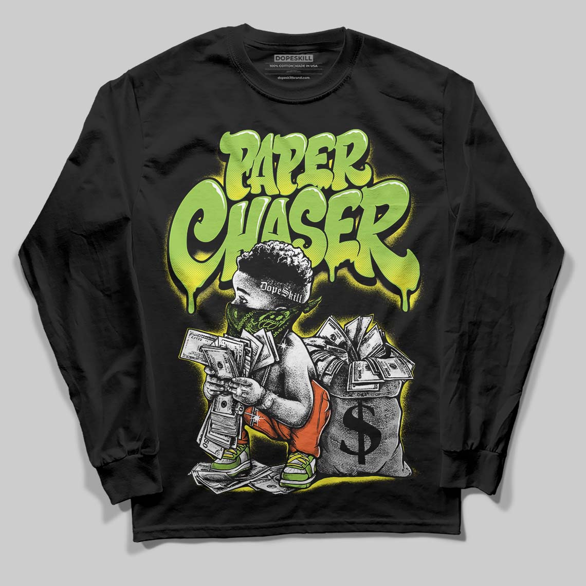 Neon Green Sneakers DopeSkill Long Sleeve T-Shirt Paper Chaser Boy Graphic Streetwear - Black