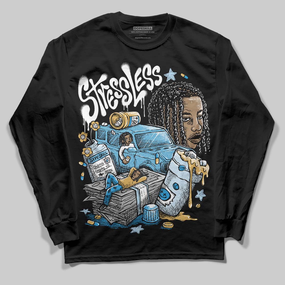 Jordan 4 Denim “Worn Blue” DopeSkill Long Sleeve T-Shirt Stressless Graphic Streetwear - Black