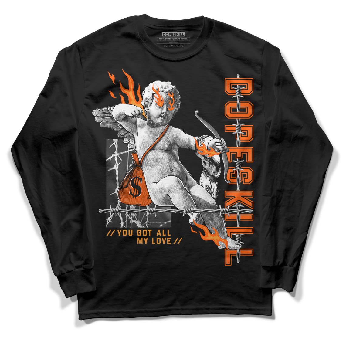 Jordan 12 Retro Brilliant Orange DopeSkill Long Sleeve T-Shirt You Got All My Love Graphic Streetwear - Black