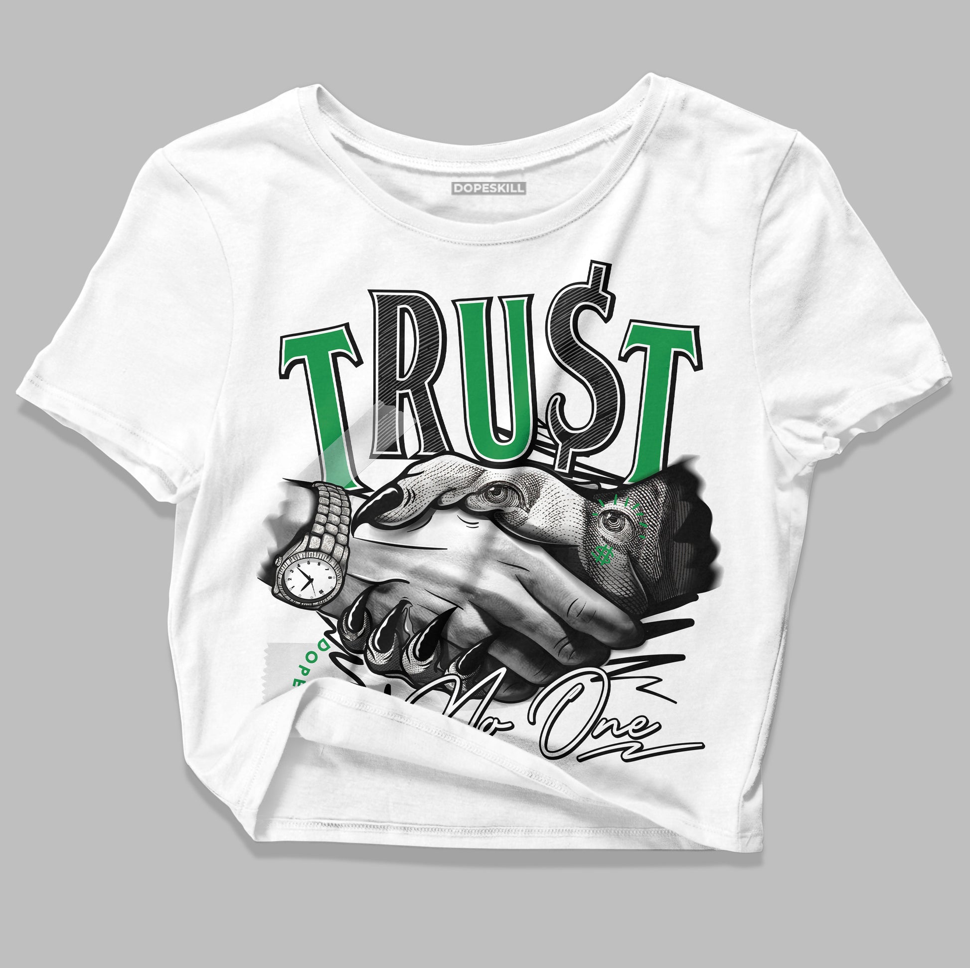 Jordan 1 Low Lucky Green DopeSkill Women's Crop Top Trust No One Graphic Streetwear  - White 