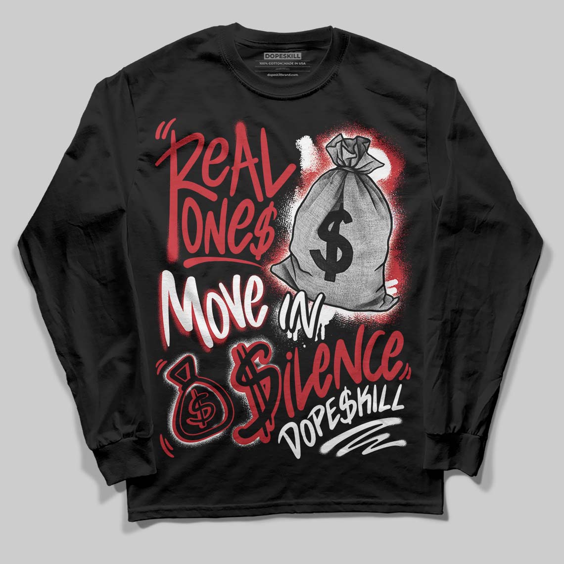 Jordan 5 Retro Fire Red Black Tongue (2025) DopeSkill Long Sleeve T-Shirt Real Ones Move In Silence Graphic Streetwear - Black