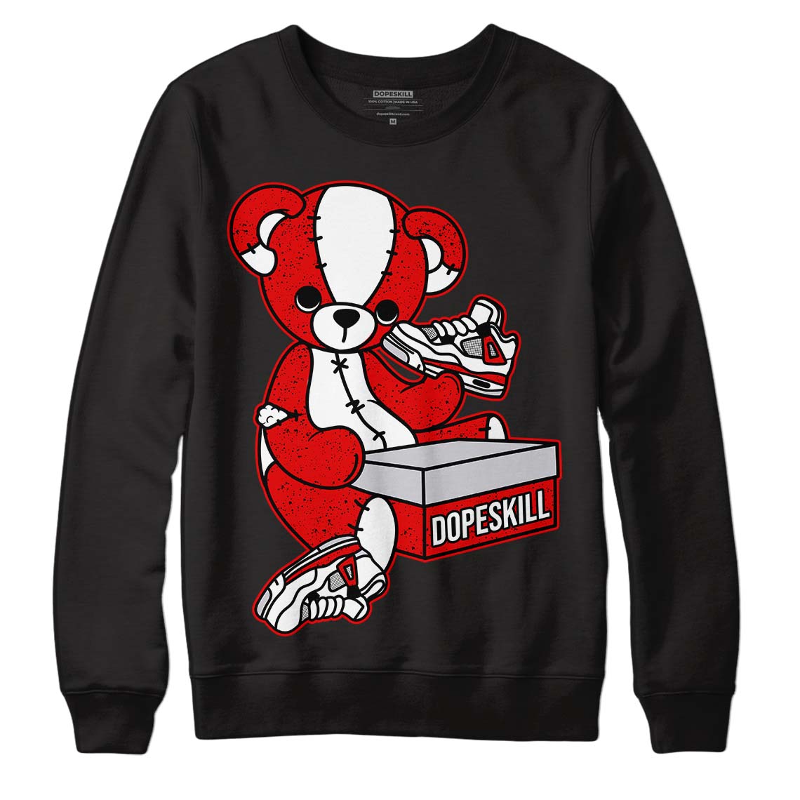 Jordan 4 Retro Red Cement DopeSkill Sweatshirt Sneakerhead BEAR Graphic Streetwear - Black