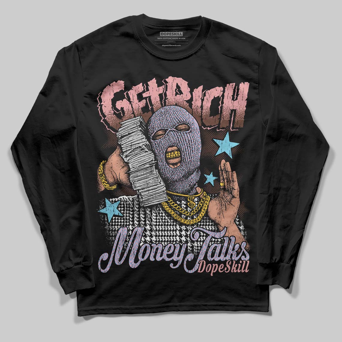 Harris Tweed x Dunk Low Denim Turquoise and Baroque Brown DopeSkill Long Sleeve T-Shirt Get Rich Graphic Streetwear - Black