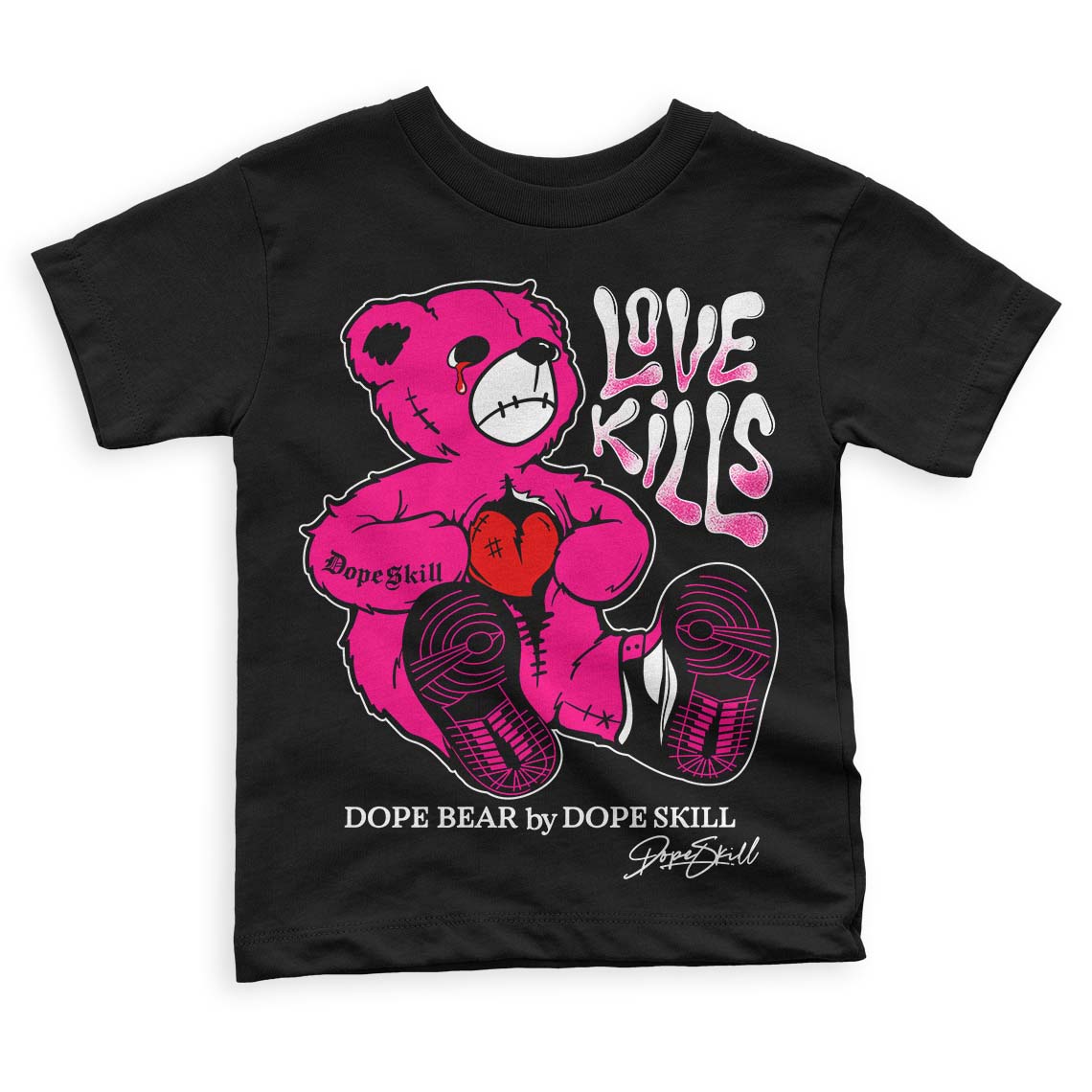 Jordan 1 Low GS “Fierce Pink” Dopeskill Toddler Kids T-shirt Love Kills Graphic Streetwear - Black