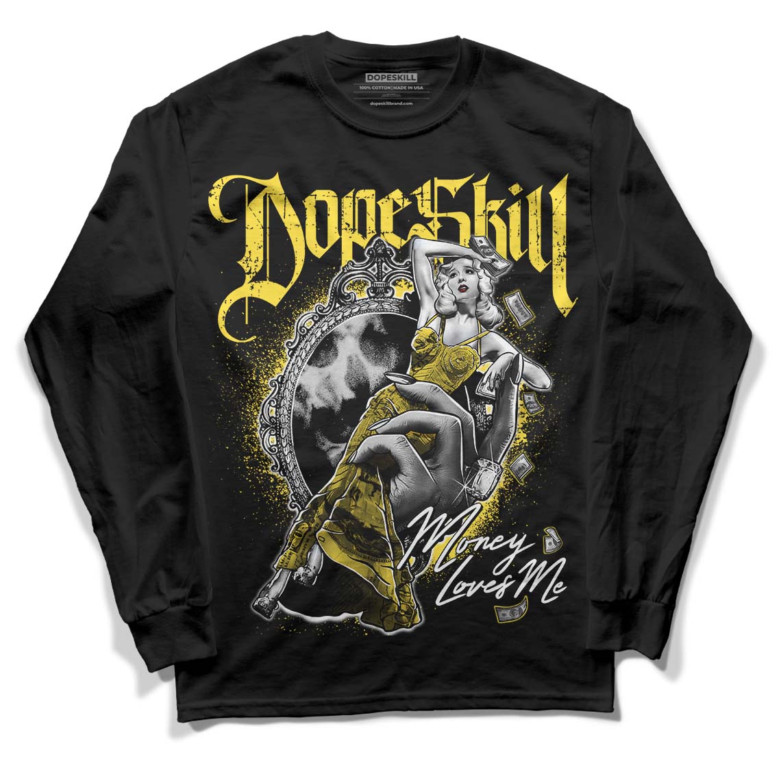 Wmns Air Jordan 11 Low 'Yellow Snakeskin' DopeSkill Long Sleeve T-Shirt Money Loves Me Graphic Streetwear - Black