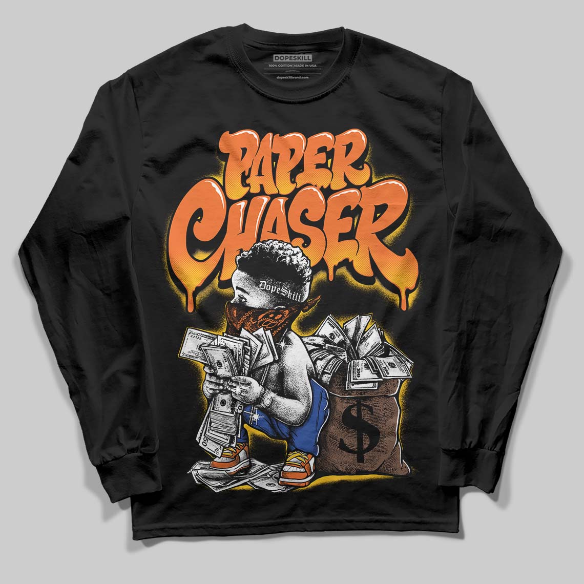 Orange, Black and White Sneakers DopeSkill Long Sleeve T-Shirt Paper Chaser Boy Graphic Streetwear - Black