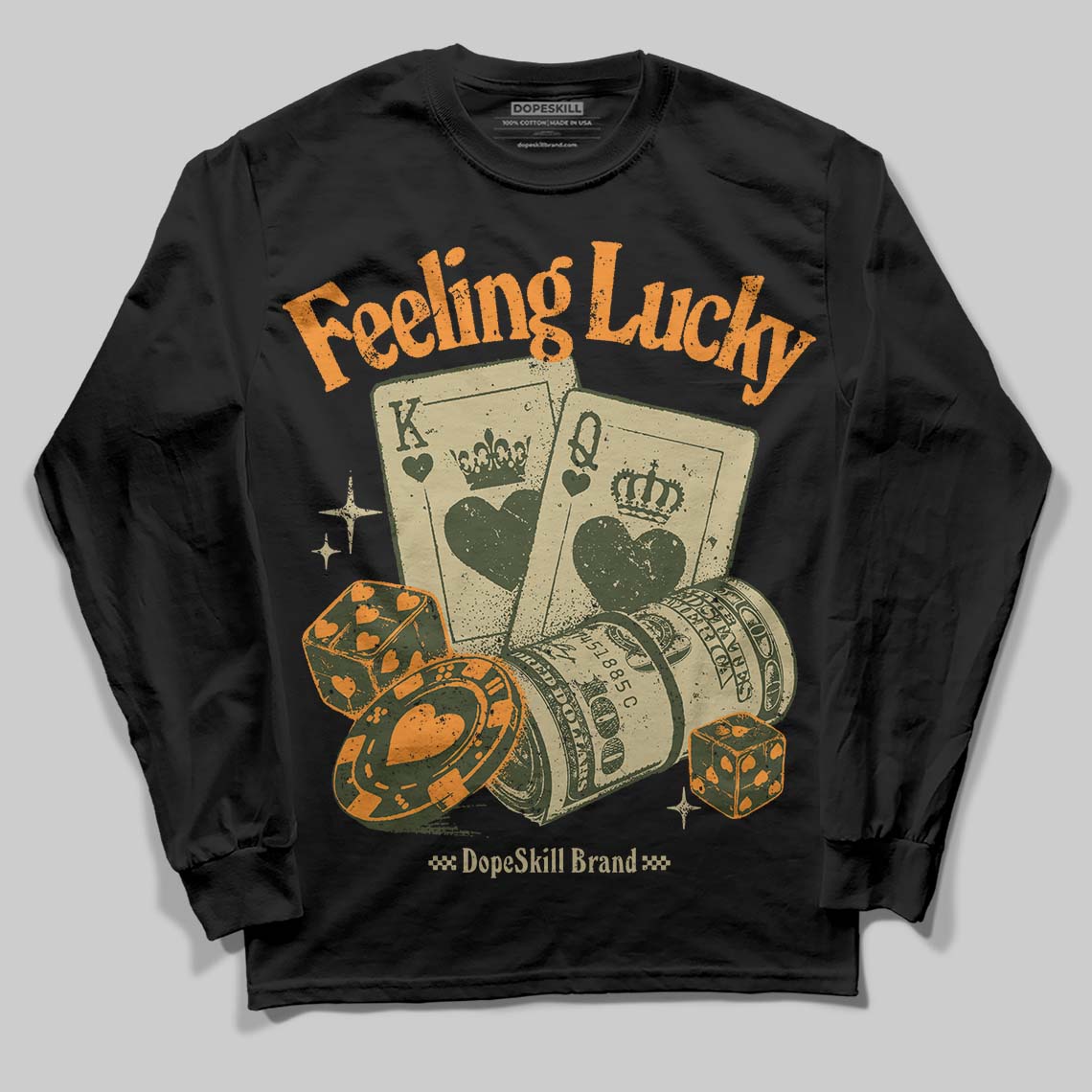 Olive Sneakers DopeSkill Long Sleeve T-Shirt Feeling Lucky Graphic Streetwear - Black