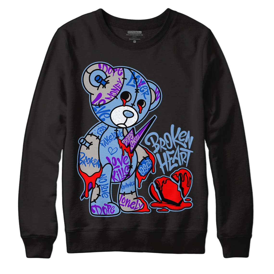 Jordan 5 Retro University Blue DopeSkill Sweatshirt Broken Heart Graphic Streetwear - Black