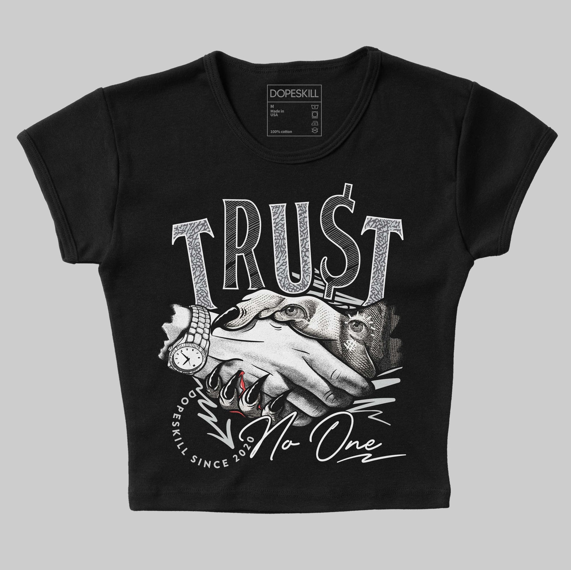 Jordan 1 Retro Low OG Black Cement DopeSkill Women's Crop Top Trust No One Graphic Streetwear - Black