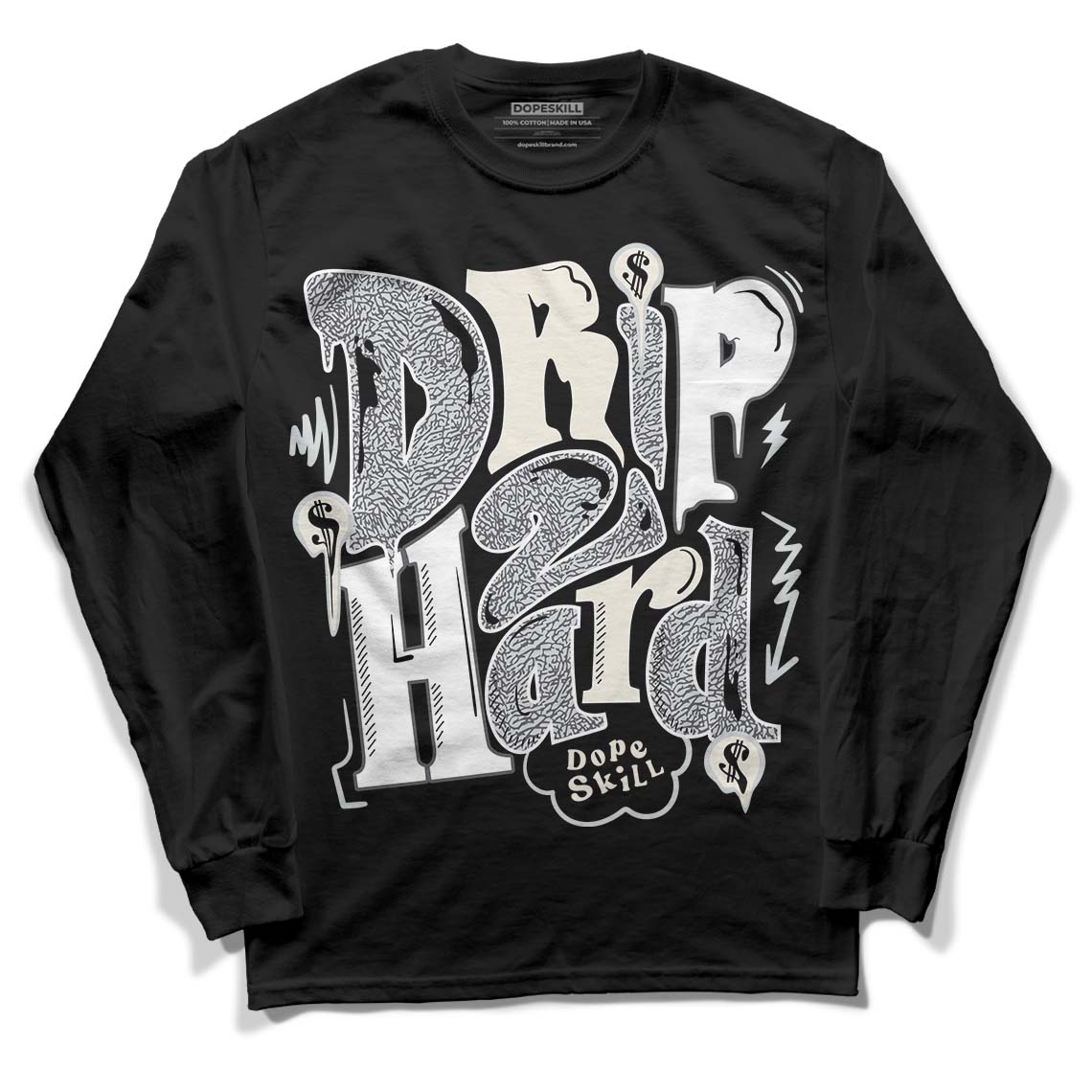 Jordan 1 Retro Low OG Black Cement DopeSkill Long Sleeve T-Shirt Drip Too Hard Graphic Streetwear - Black