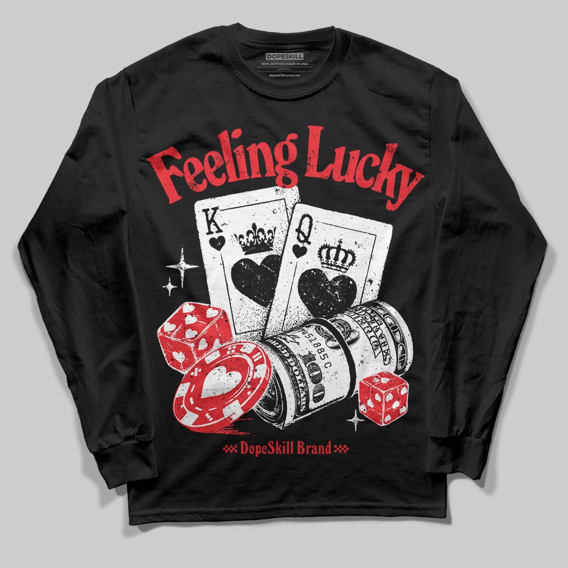 Jordan 11 Retro Cherry DopeSkill Long Sleeve T-Shirt Feeling Lucky Graphic Streetwear - Black