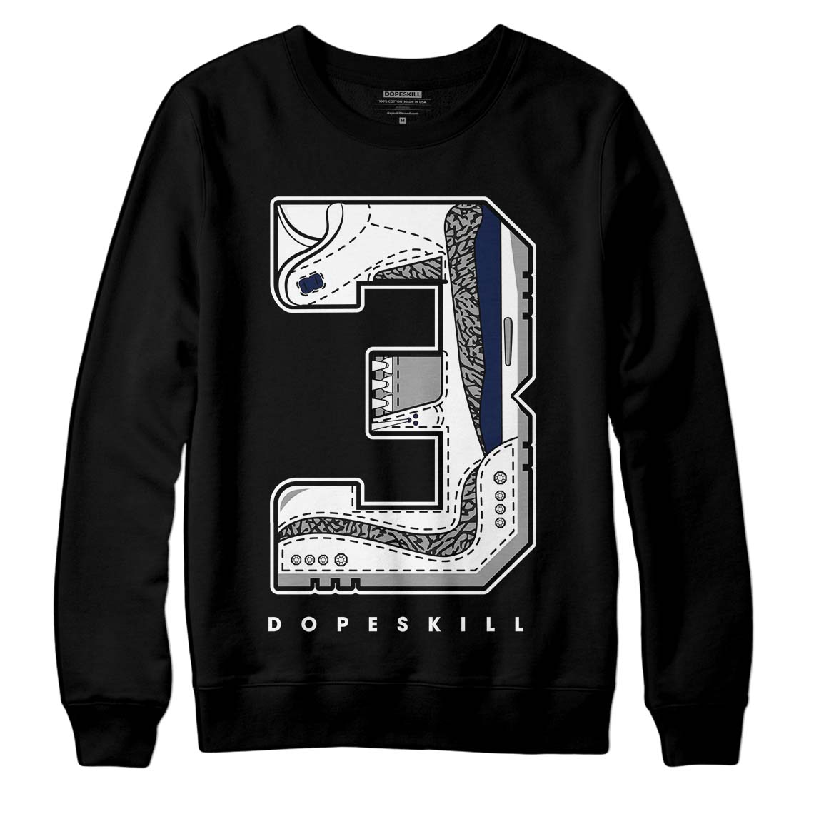 Jordan 3 "Midnight Navy" DopeSkill Sweatshirt No.3 Graphic Streetwear - Black 