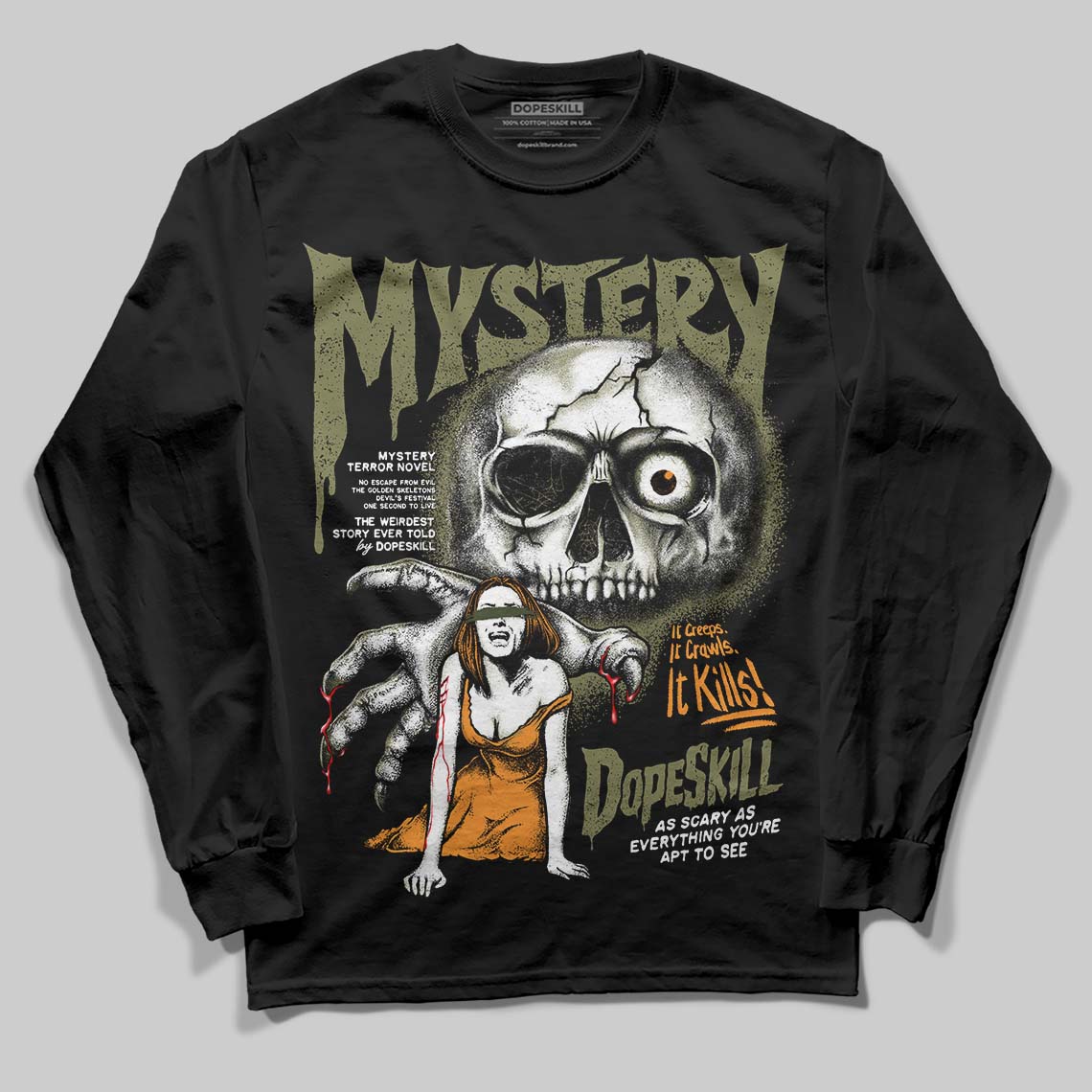 Olive Sneakers DopeSkill Long Sleeve T-Shirt Mystery Ghostly Grasp Graphic Streetwear - Black