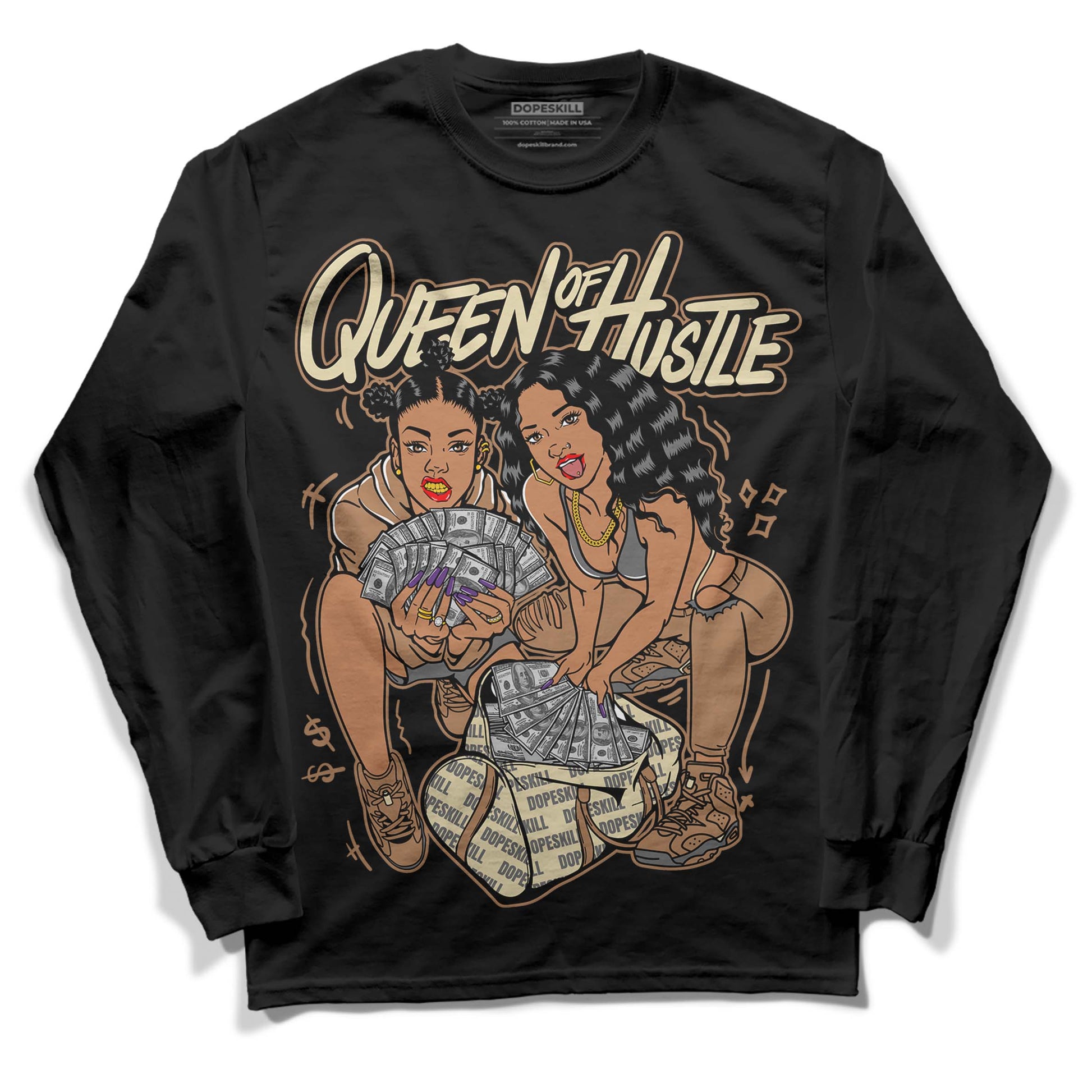 Jordan 6 WMNS Gore-Tex Brown Kelp DopeSkill Long Sleeve T-Shirt Queen Of Hustle Graphic Streetwear - Black