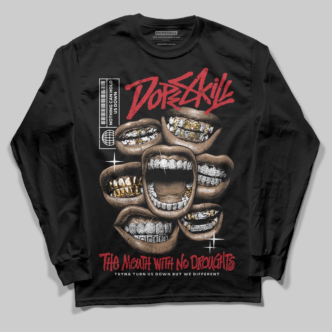 Jordan 5 Retro Fire Red Black Tongue (2025) DopeSkill Long Sleeve T-Shirt The Mouth With No Droughts Graphic Streetwear - Black