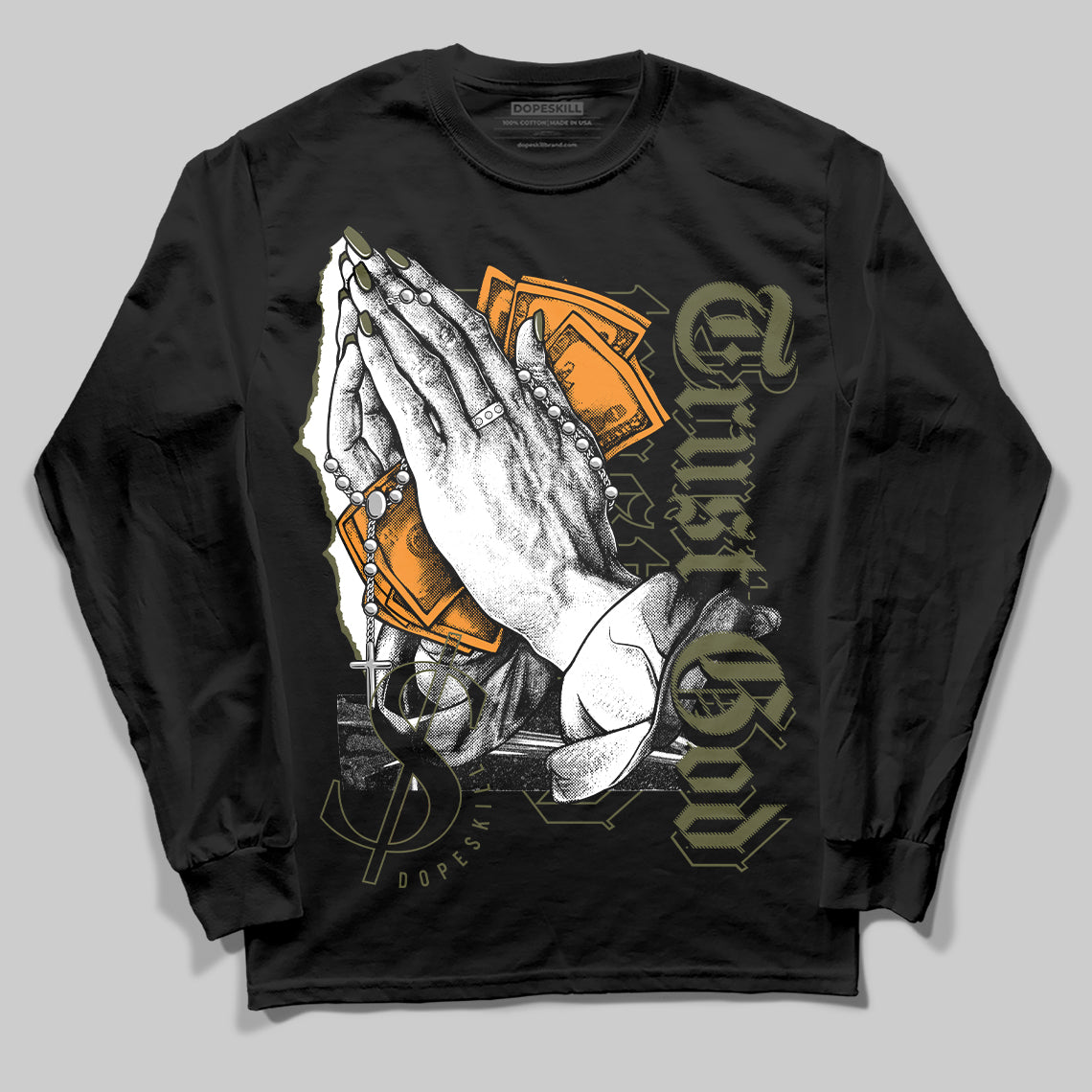 Jordan 5 "Olive" DopeSkill Long Sleeve T-Shirt Trust God Graphic Streetwear  - Black