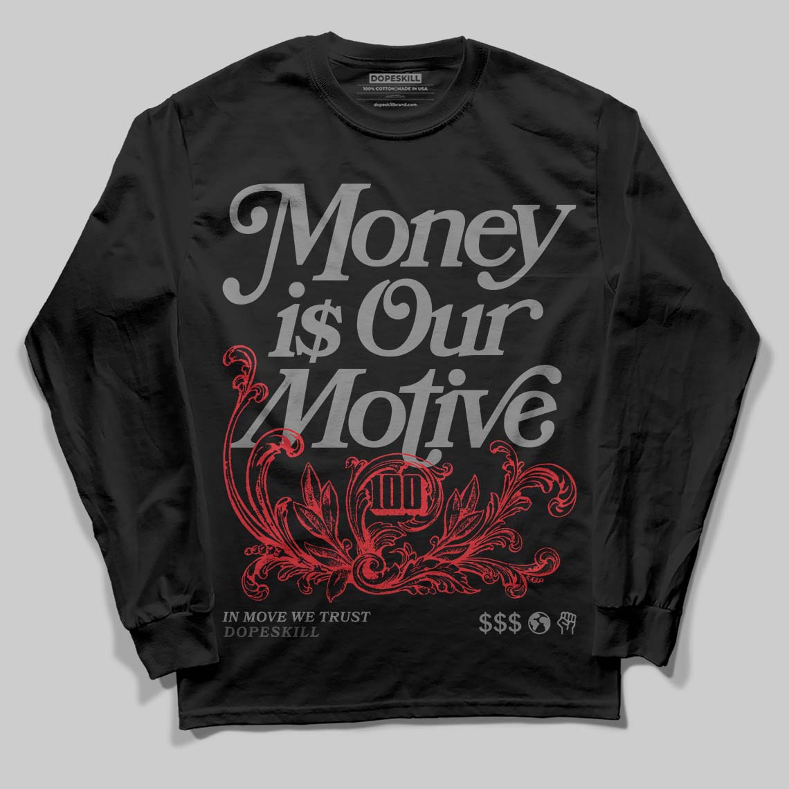 Jordan 10 Retro Shadow (2025) DopeSkill Long Sleeve T-Shirt Money Is Our Motive Typo Graphic Streetwear - Black