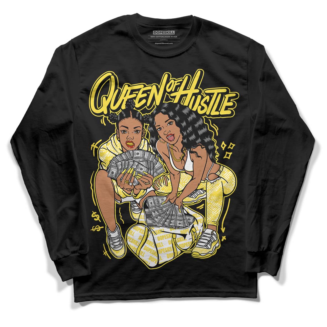 Wmns Air Jordan 11 Low 'Yellow Snakeskin' DopeSkill Long Sleeve T-Shirt Queen Of Hustle Graphic Streetwear - Black