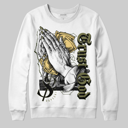 Jordan 4 Retro SE Craft Medium Olive DopeSkill Sweatshirt Trust God Graphic Streetwear - White