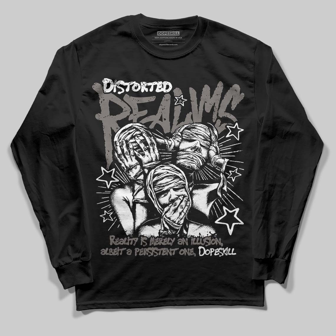 Jordan 4 Retro Cave Stone DopeSkill Long Sleeve T-Shirt Distorted Realms Graphic Streetwear - Black