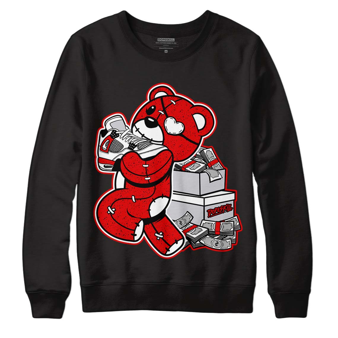 Jordan 4 Retro Red Cement DopeSkill Sweatshirt Bear Steals Sneaker Graphic Streetwear - Black