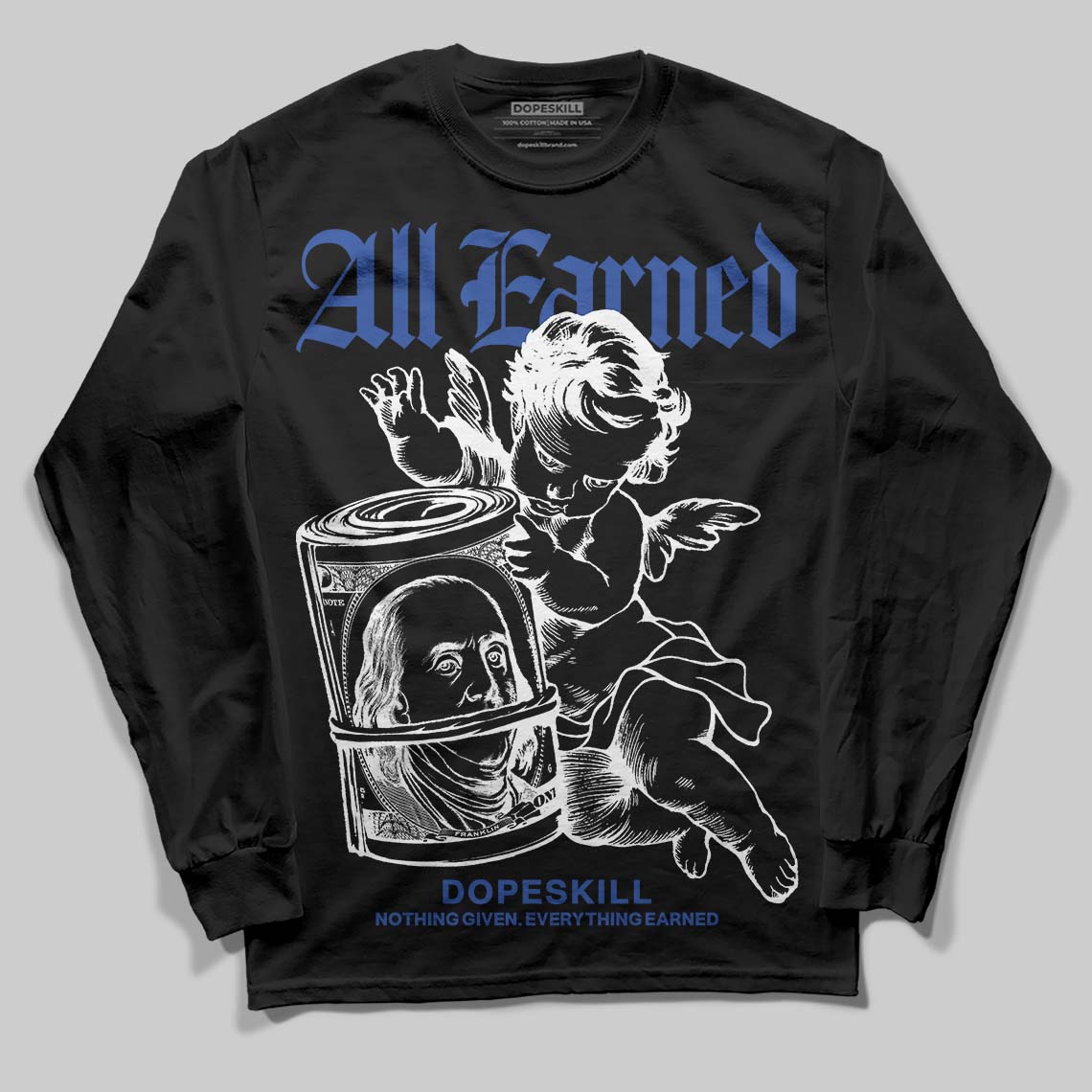 Royal Blue Sneakers DopeSkill Long Sleeve T-Shirt All Earned Graphic Streetwear - Black