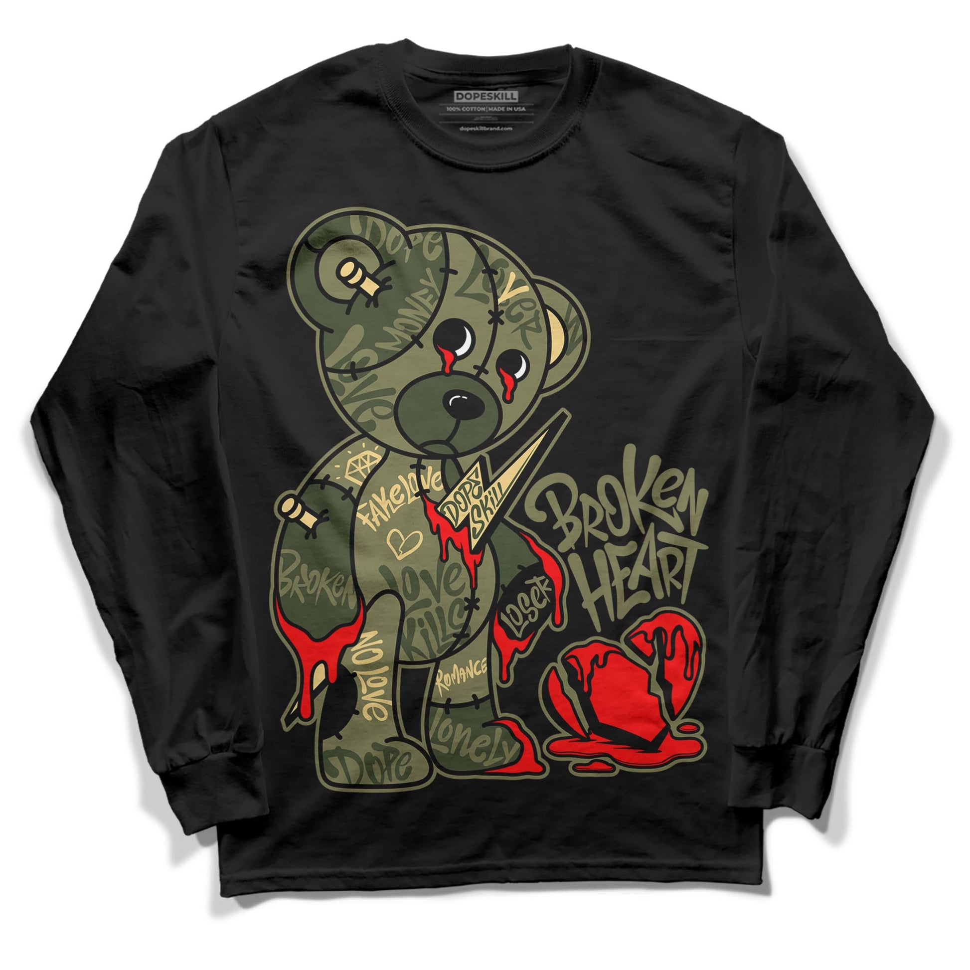 Jordan 4 Retro SE Craft Medium Olive DopeSkill Long Sleeve T-Shirt Broken Heart Graphic Streetwear - Black