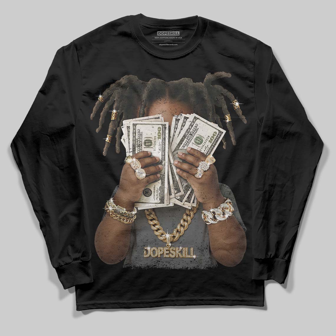 Jordan 4 “Black Cat” (2025) DopeSkill Long Sleeve T-Shirt Rich Youth Graphic Streetwear - Black