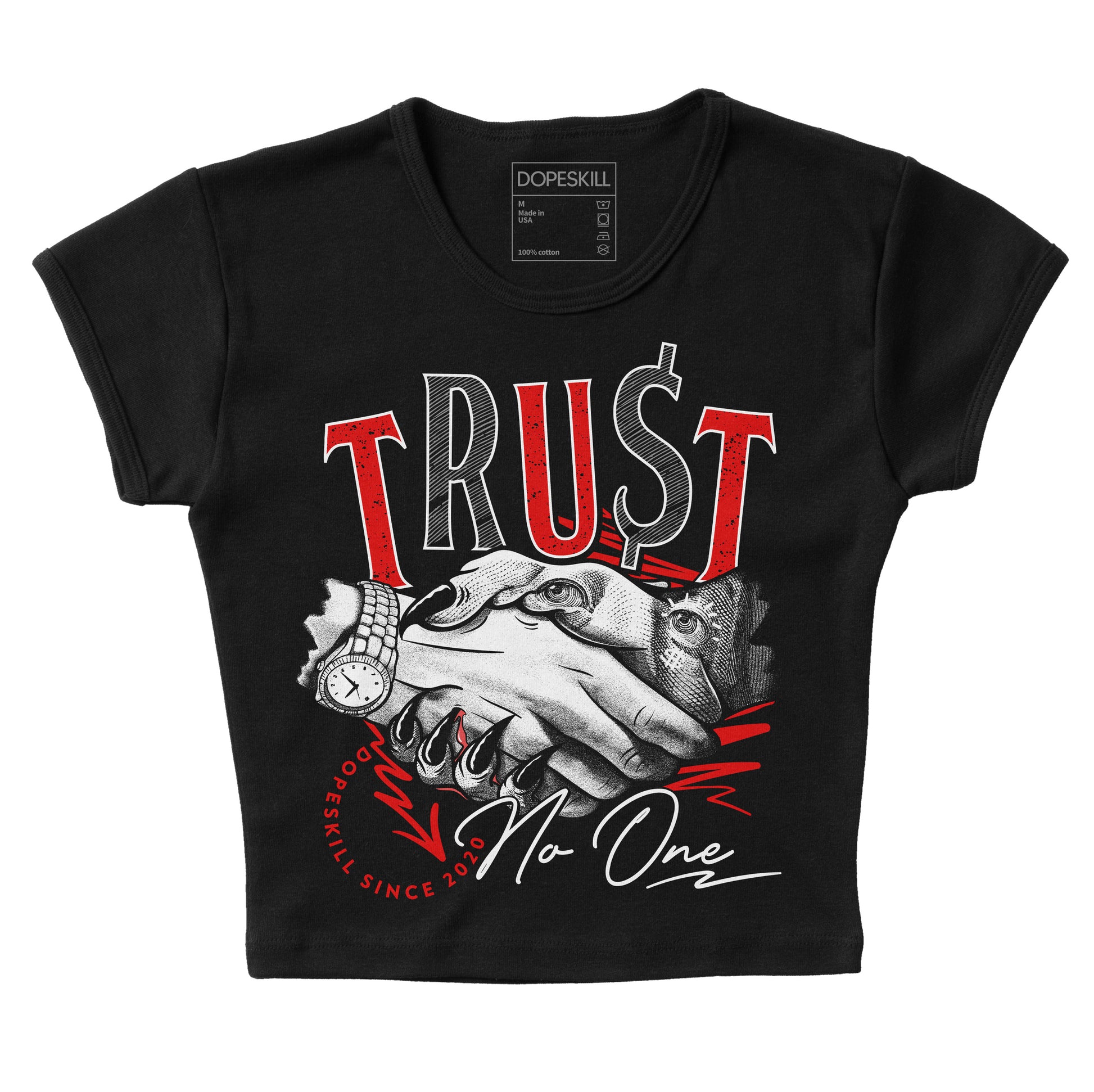 Jordan 4 Retro Red Cement DopeSkill Women's Crop Top Trust No One Graphic Streetwear - Black