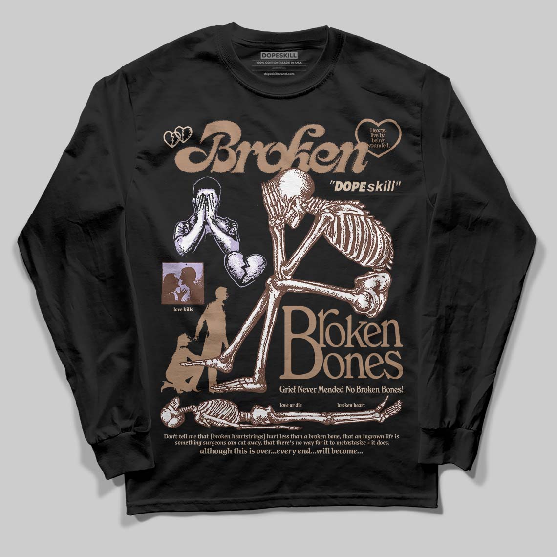 Harris Tweed x Wmns Dunk Low 'Sesame' DopeSkill Long Sleeve T-Shirt Broken Bones Graphic Streetwear - black