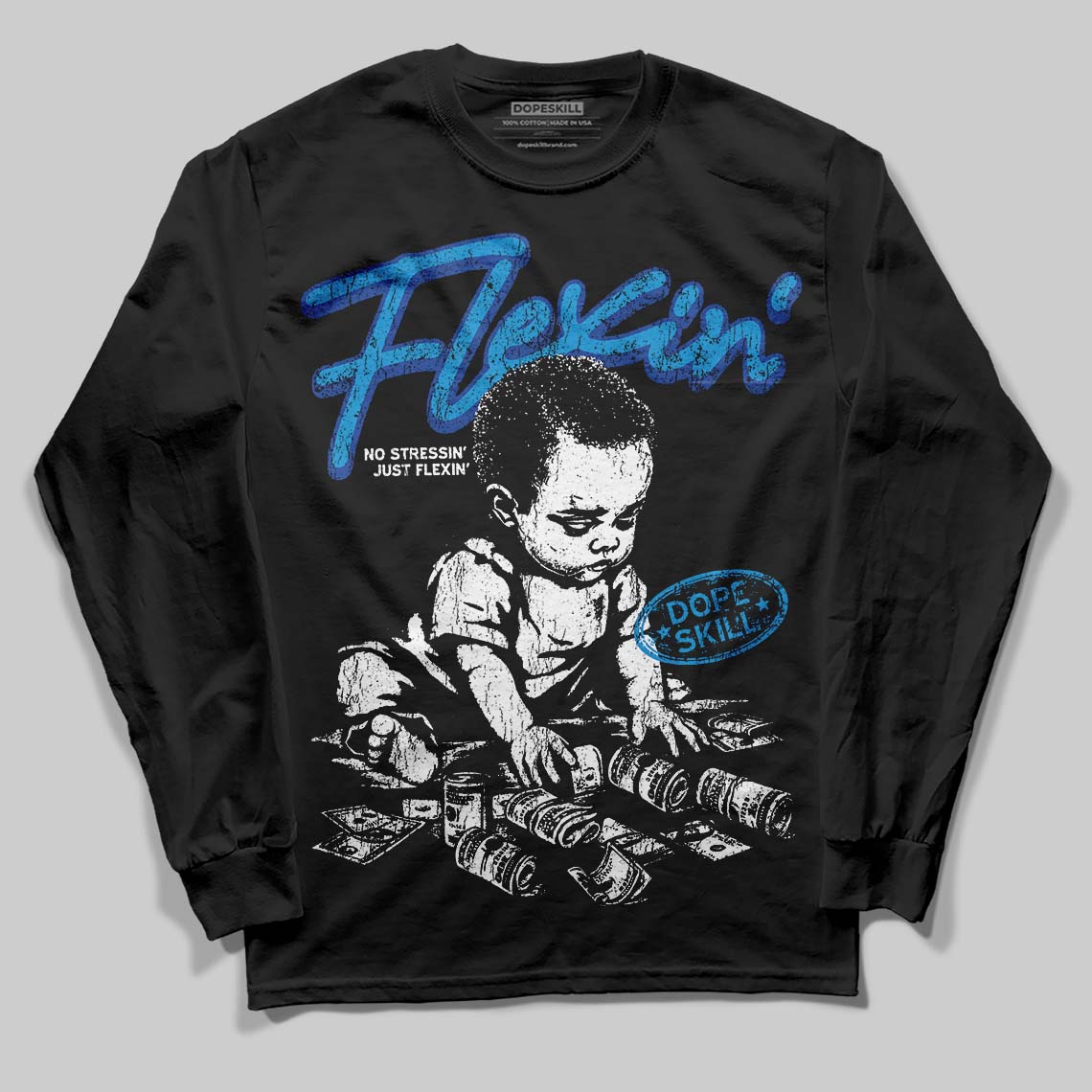 Royal Blue Sneakers DopeSkill Long Sleeve T-Shirt Flexin' Graphic Streetwear - Black