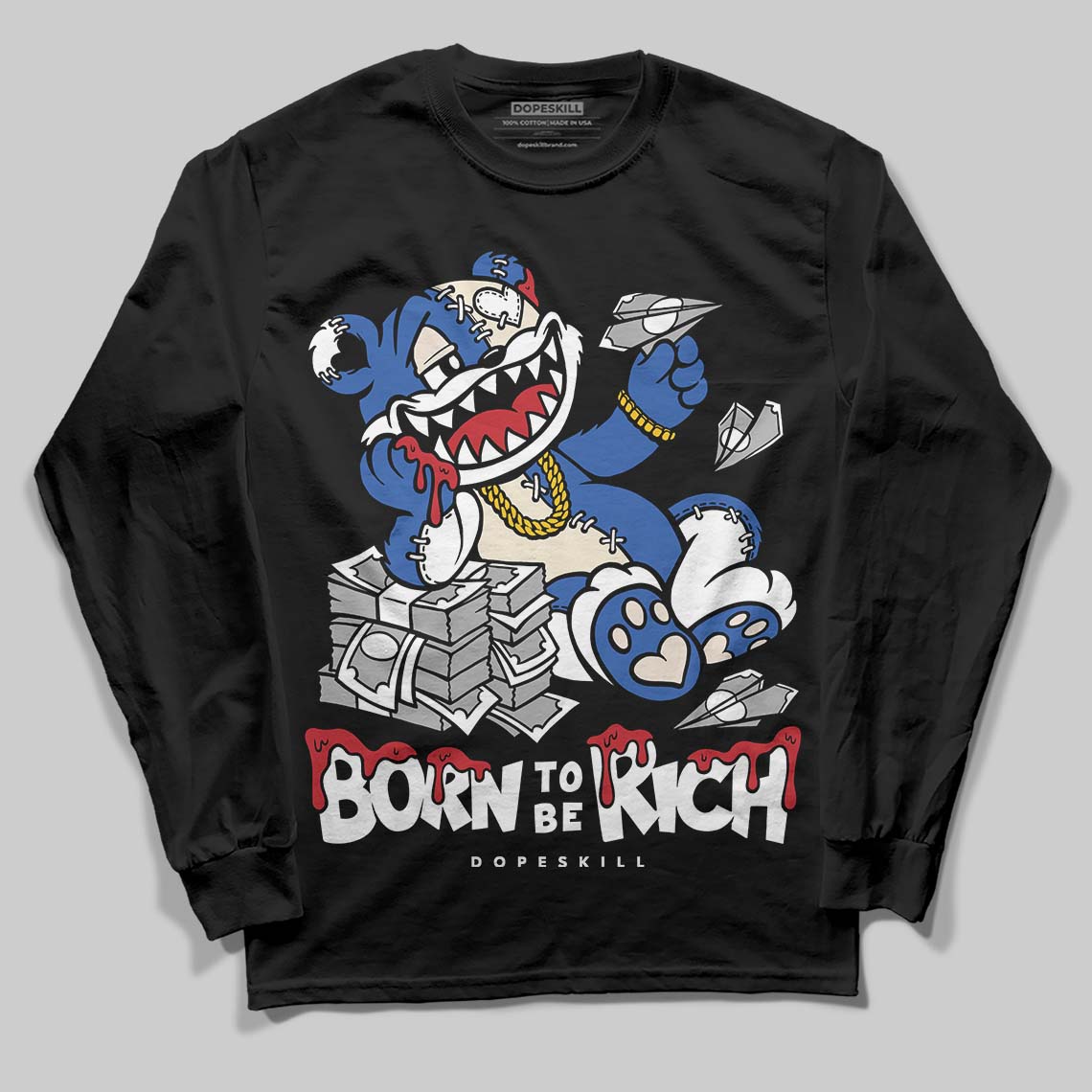 Jordan 1 Low Travis Scott x Fragment DopeSkill Long Sleeve T-Shirt Born To Be Rich Graphic Streetwear - Black