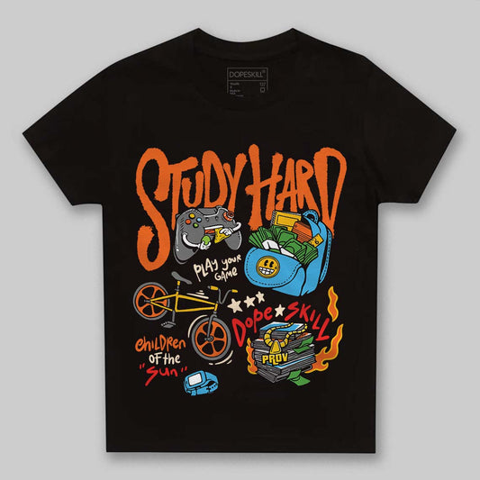Orange, Black and White Sneakers DopeSkill Toddler Kids T-shirt Study Hard Graphic Streetwear - black