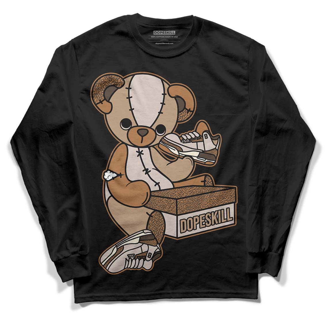 Jordan 3 Retro Palomino DopeSkill Long Sleeve T-Shirt Sneakerhead BEAR Graphic Streetwear - Black