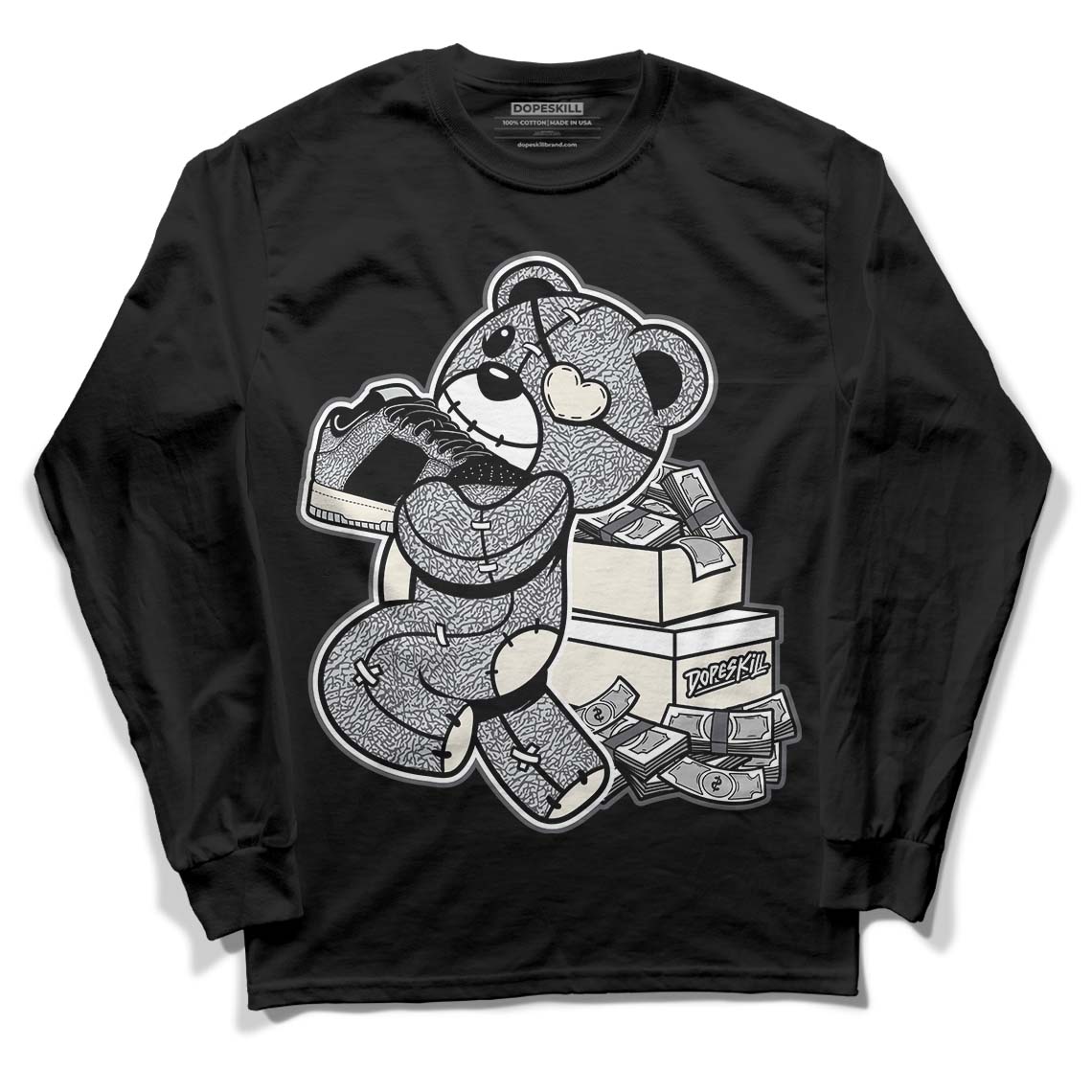 Jordan 1 Retro Low OG Black Cement DopeSkill Long Sleeve T-Shirt Bear Steals Sneaker Graphic Streetwear - Black