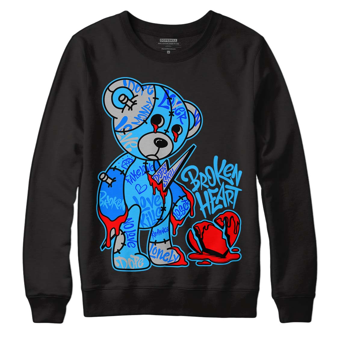 Jordan 2 Low "University Blue" DopeSkill Sweatshirt Broken Heart Graphic Streetwear - Black