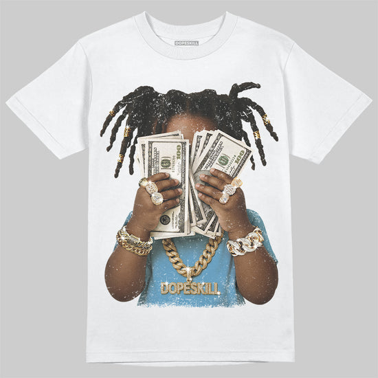 Jordan 14 Retro Black and University Blue DopeSkill T-Shirt Rich Youth Graphic Streetwear - White