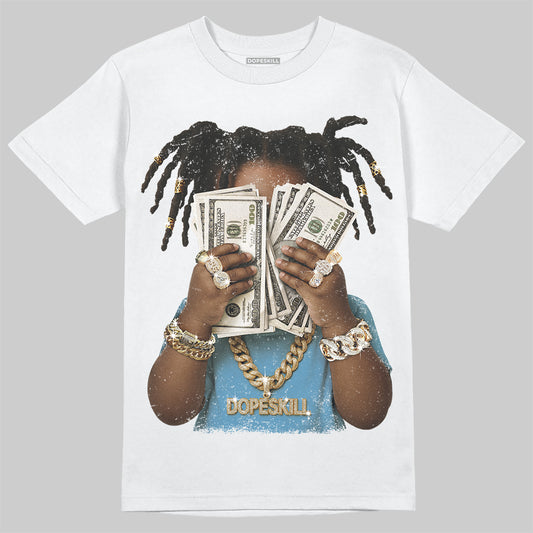 Jordan 14 Retro Black and University Blue DopeSkill T-Shirt Rich Youth Graphic Streetwear - White