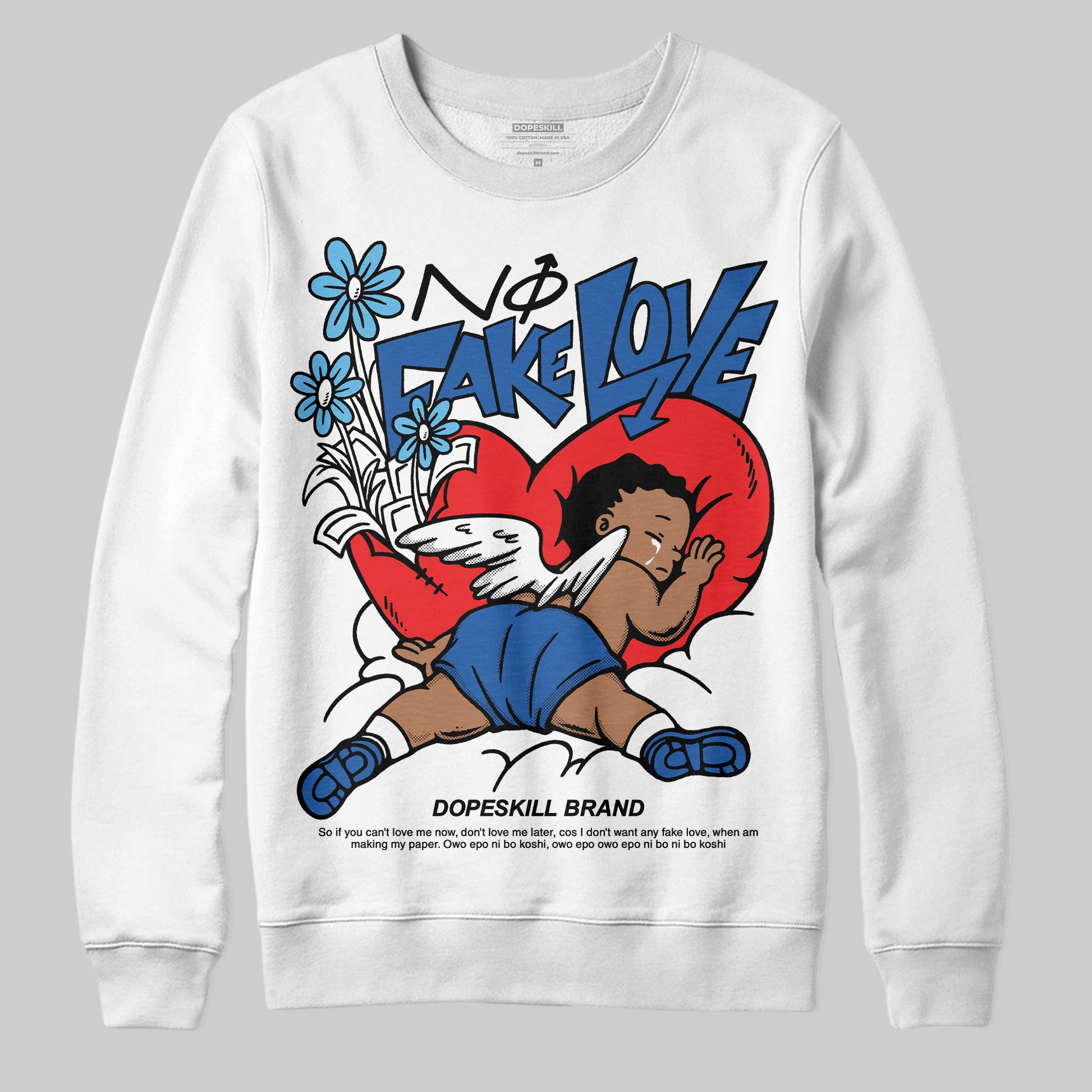 Jordan 12 “Blueberry” DopeSkill Sweatshirt No Fake Love Graphic Streetwear - White