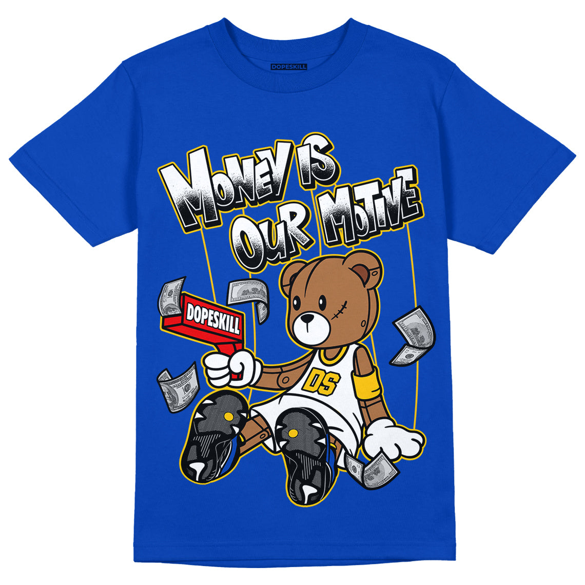 Jordan 14 “Laney” DopeSkill Varsity Royal T-Shirt Money Is Our Motive Bear Graphic Streetwear