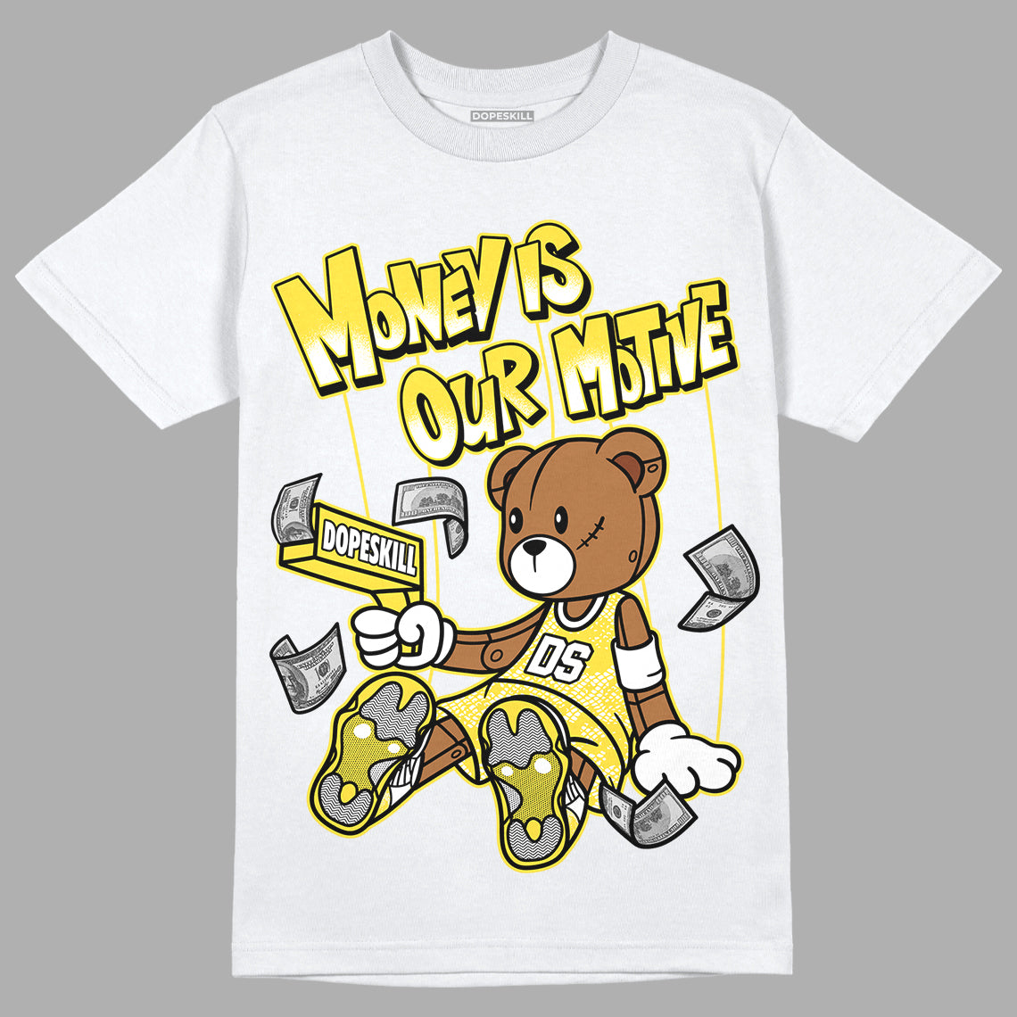 Jordan 11 Low 'Yellow Snakeskin' DopeSkill T-Shirt Money Is Our Motive Bear Graphic Streetwear - White