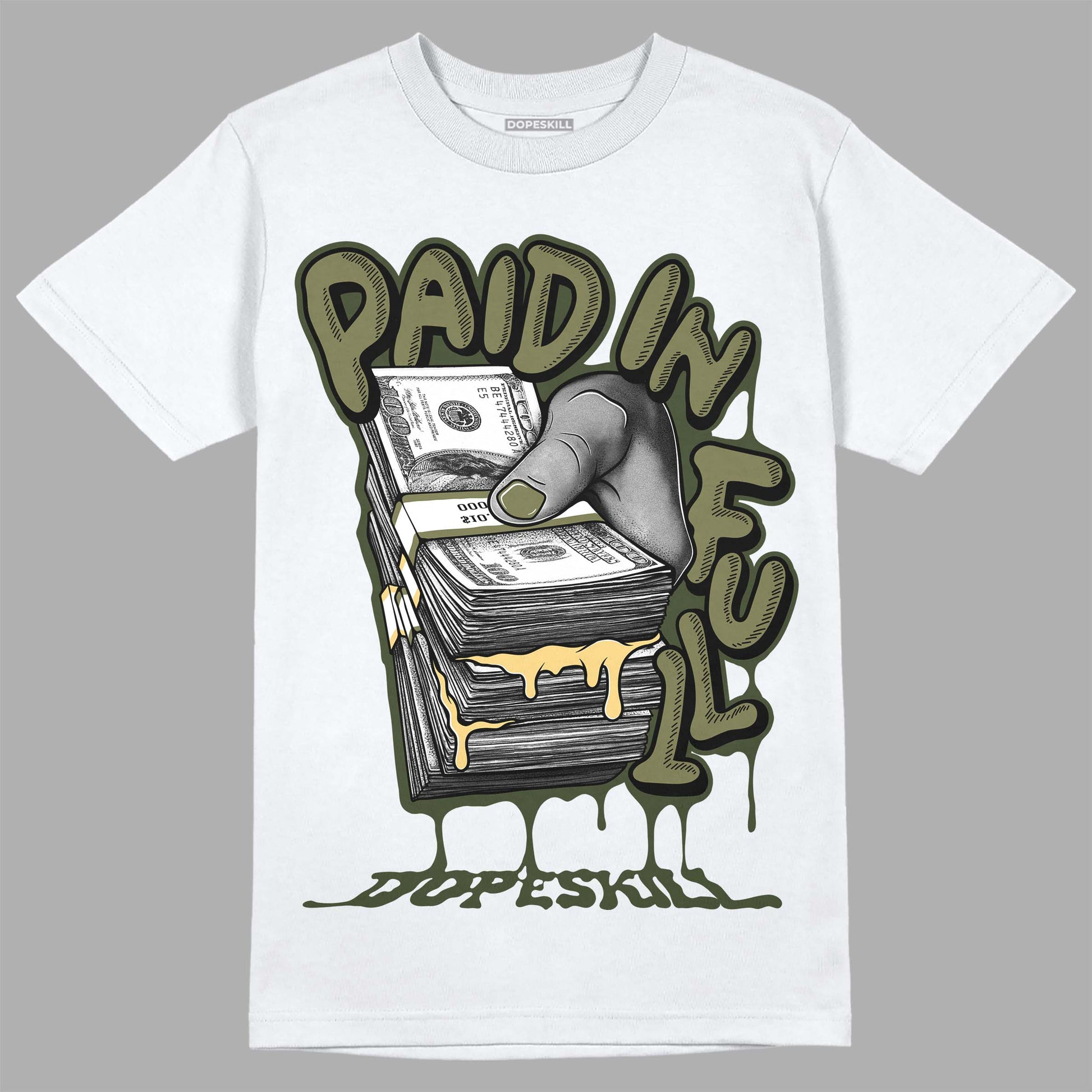 Jordan 4 Retro SE Craft Medium Olive DopeSkill T-Shirt Paid In Full Graphic Streetwear - White